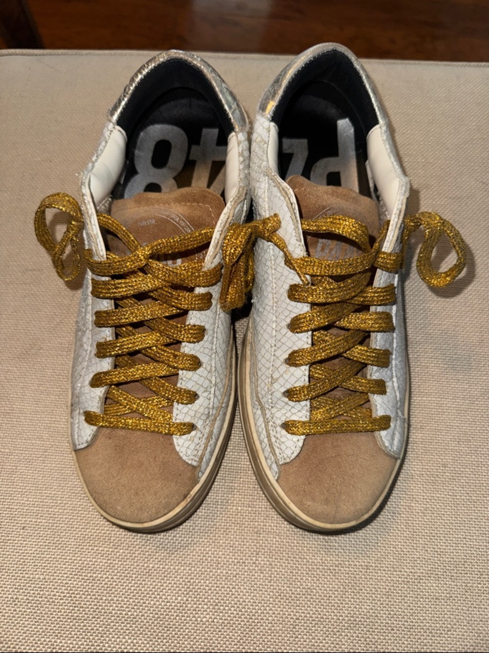 P448 Women’s White and Tan Sneakers with Gold Laces